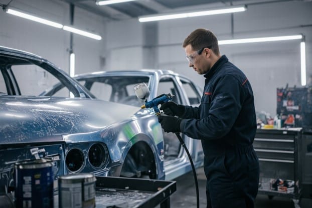 Expert working on body repair paint